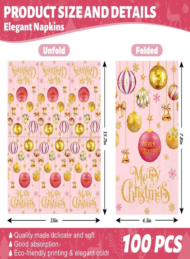 JarThenaAMCS مناديل ضيوف عيد الميلاد من JarThenaAMCS، 100 قطعة، مزينة بكرات عيد الميلاد باللونين الوردي والذهبي، مناديل ورقية للاستخدام مرة واحدة، مناديل ورقية مزينة بكرات ديسكو، مثالية لتزيين طاولة الطعام في المنزل أو الحفلات. - Image 2